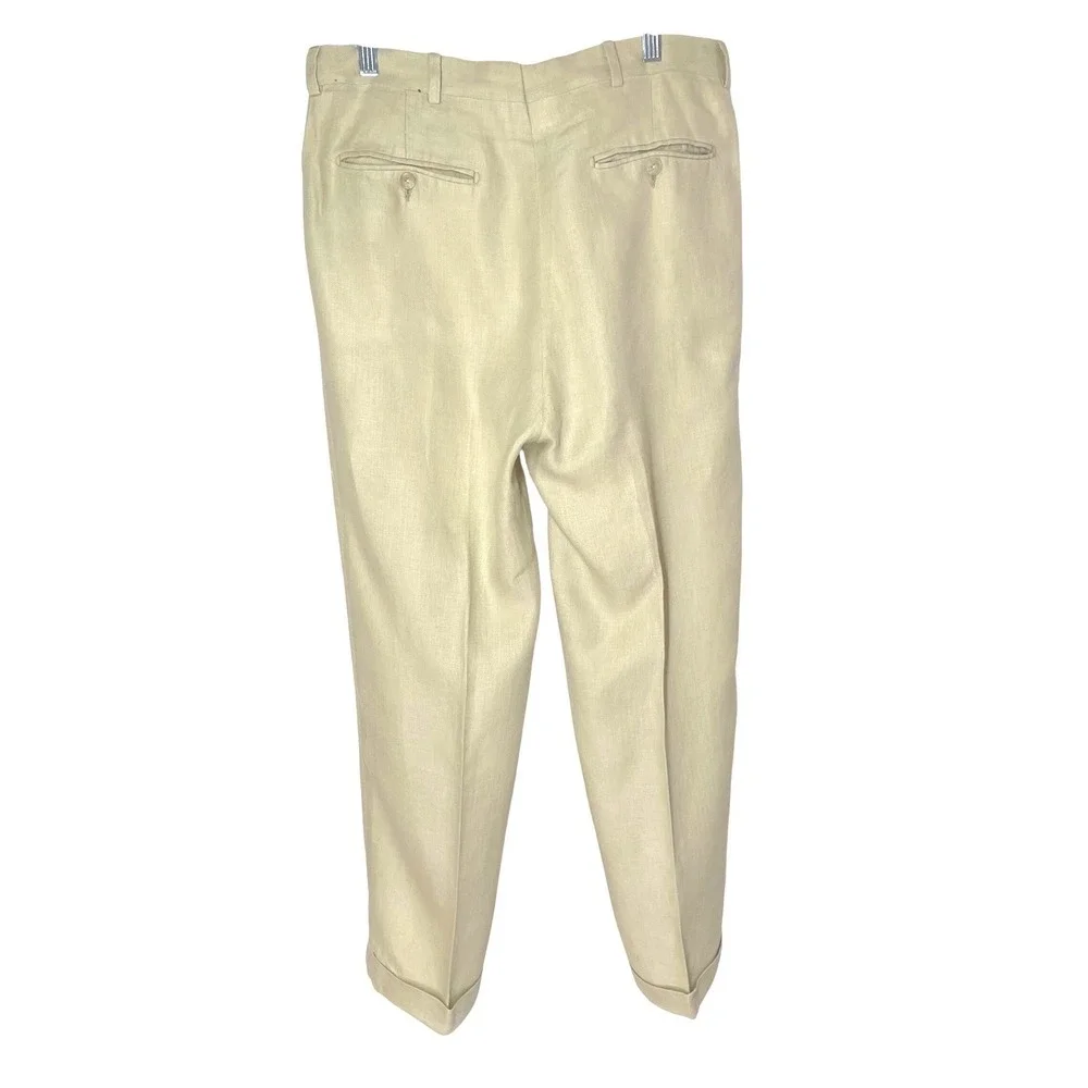 Harold Powell Mens 33x28 Beige 100% Linen Herringbone Pleated Cuffed Pants Italy